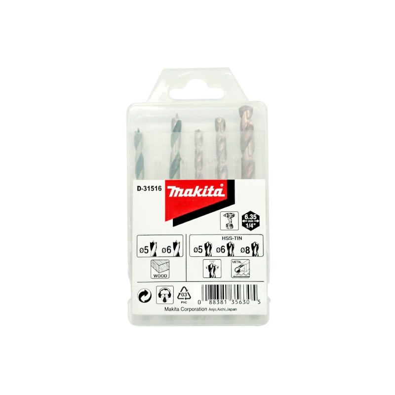 MAKITA D-31516 : ชุดดอกสว่าน เจาะไม้ และเหล็ก 1/4 นิ้ว Hex. Shank