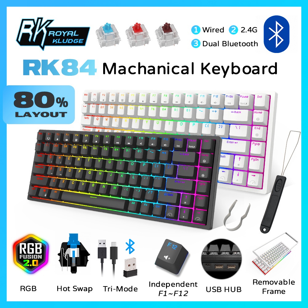 ROYAL KLUDGE RK84 RGB Hotswap TKL Mechanical Gaming Keyboard Wireless Bluetooth/2.4Ghz/Wired Blue/Br