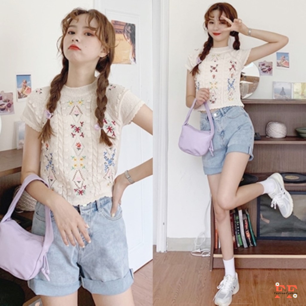 สต็อกไทย FF เสื้อยืด ผ้าไหมพรม ปักลายดอกไม้ สีขาว แฟชั่น