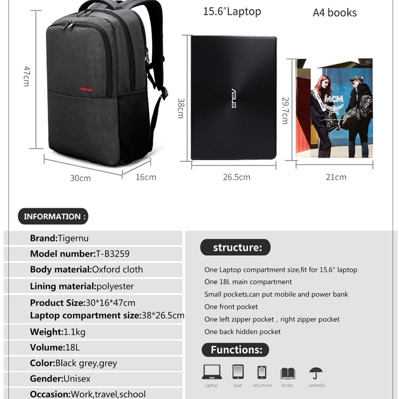 TIGERNU ไทเกอร์นู 3259 กระเป๋าเป้สะพายหลังแล็ปท็อปกันน้ําพอร์ต ยูเอสบี นักเรียนลําลองแฟชั่นกระเป๋าชั่งน้ําหนักมัลติฟังก์ชั่น (15.6 '')
