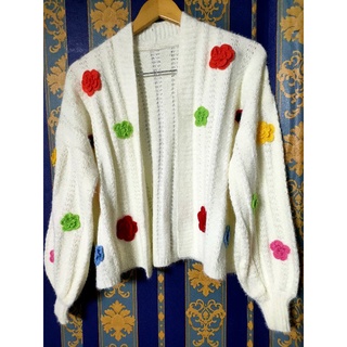 เสื้อคลุมไหมพรมแขนยาว แต่งดอกไหมพรม 3 ดี มือ2 ผ้านุ่ม 114-320