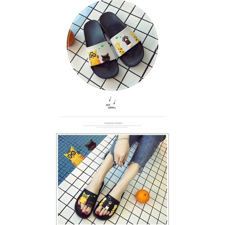 kstar*ใหม่*รองเท้าแตะแฟชั่นสำหรับผู้หญิง แบบสวม ลายแมว (แนะนำให้เพิ่ม1ไซส์น่ะค่ะ) รุ่นHU-11 สีดำและข