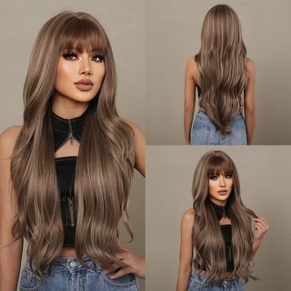 Brown Ombre Long Wavy Synthetic Wigs with Highlight Natural Wig for Women Daily Cosplay Wigs with Bangs Heat Resistant