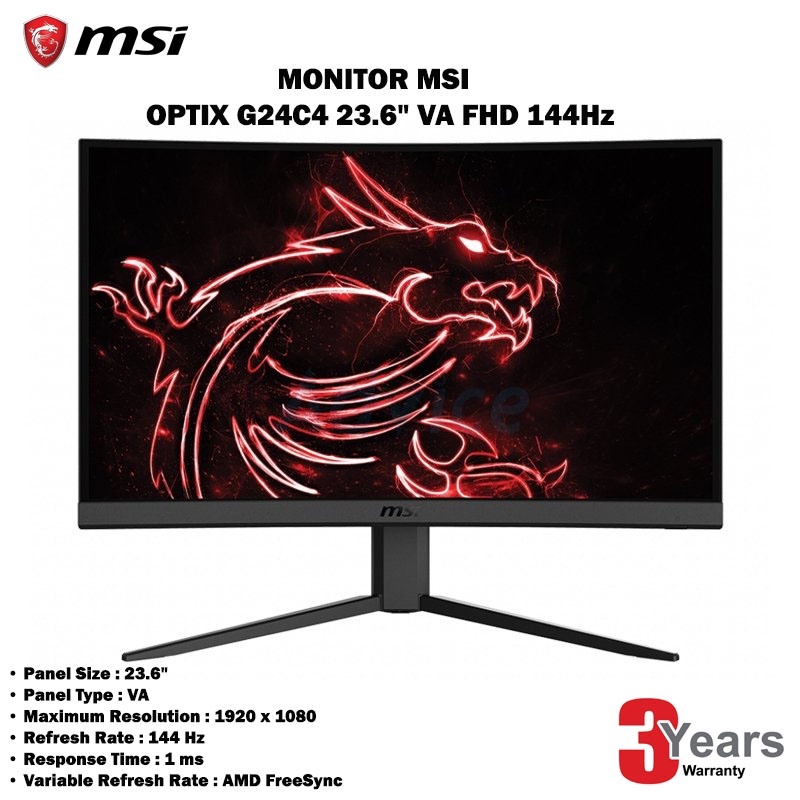 MONITOR (จอมอนิเตอร์) MSI OPTIX G24C4 23.6" (VA, DP, HDMI) CURVE 144Hz ประกัน 3ปี