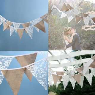 12 ธงลูกไม้ตกแต่ง Lace Flax Vintage Party Wedding Pennant 3.2 เมตร