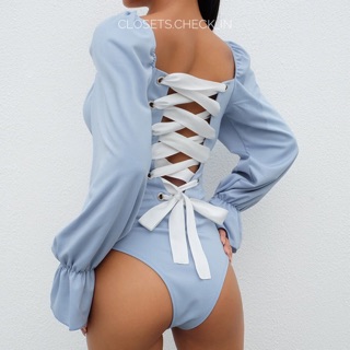 Bodysuit blue ผูกโบว์หลัง แขนยาวสุดน่ารัก งานดี แพทเทิร์นเก๋ ผ้าดี ใส่ได้ทุกโอกาส แมตช์ได้ทุกลุคจร้าา⭐️⭐️⭐️⭐️