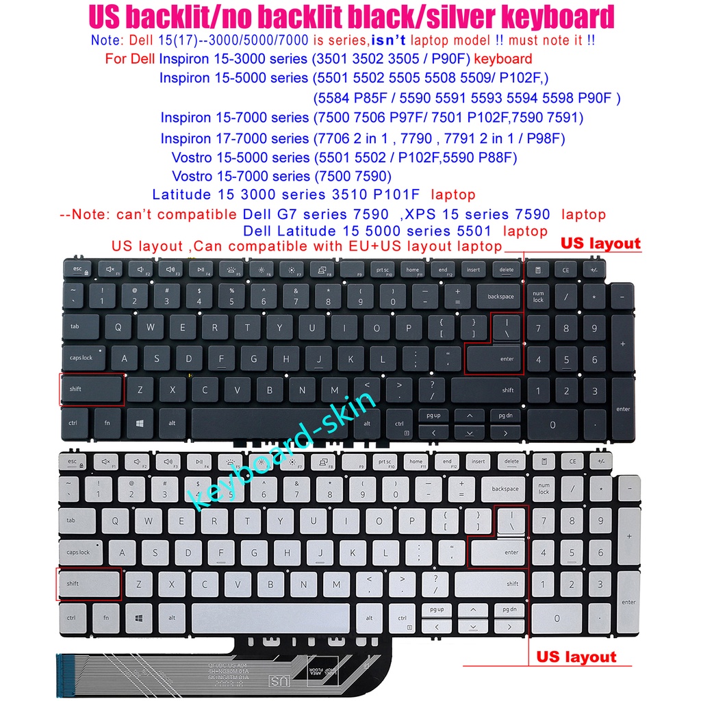 แป้นพิมพ์ US no-Backlit/Backlit สําหรับ Dell Inspiron 15-3501 3502 3505 P90F 7500 7506 P97F 7501 P10