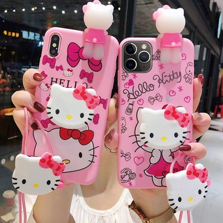 เคส OPPO A54 A53 A94 A93 A92 A76 A52 A31 A16 A15 A15S A12 A9 A7 A5 A5S A3S A1K A37 A37F F11 F9 F7 F5 F1S Realme 5 5i C2 C1 Pro 2020 2021 3D Cartoon Hello Kitty Soft Case With Lanyard Stand