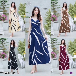 👗Pfashion [ส่งไว!!🚛] P17601 เดรสสายเดี่ยวยาว ไขว้หลัง พิมลาย เอวผูกโบว์