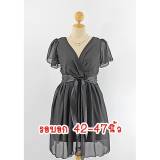 E2039-1-3XL-ชุดเดรสคนอ้วน สีดำ ผ้าชีฟอง แขนระบาย คอแหลมป้ายจับจีบ