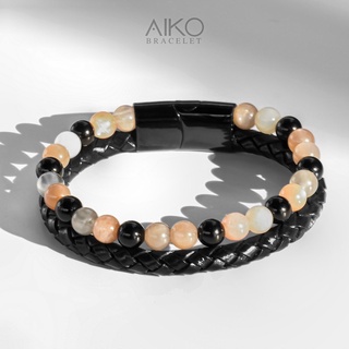 The Kardos กำไลหินมิกซ์หนัง (Black Onyx/ Moonstone)