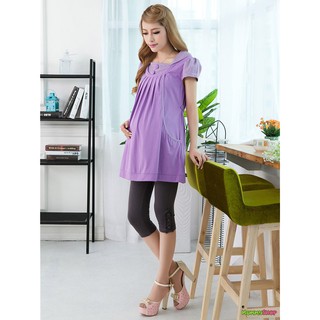เสื้อยืดคลุมท้องเปิดให้นมลูกได้ แต่งปกและแขนด้วยผ้าลายขวาง