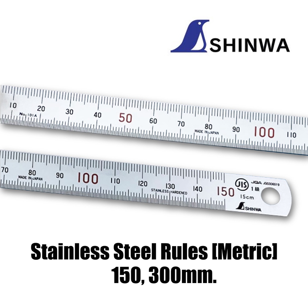 SHINWA  ไม้บรรทัดสแตนเลส 150 (H-101A), 300มม.(H-101C)/Stainless Steel Ruler 150, 300mm.