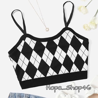 HopeS พร้อมส่ง 🥦~🍄เสื้อครอป-สายเดี่ยว ลายหลามตัดสีขาวดำ