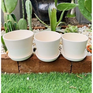 กระถางดินเผา โมเดิร์น ทรงวี พร้อมรองกระถาง