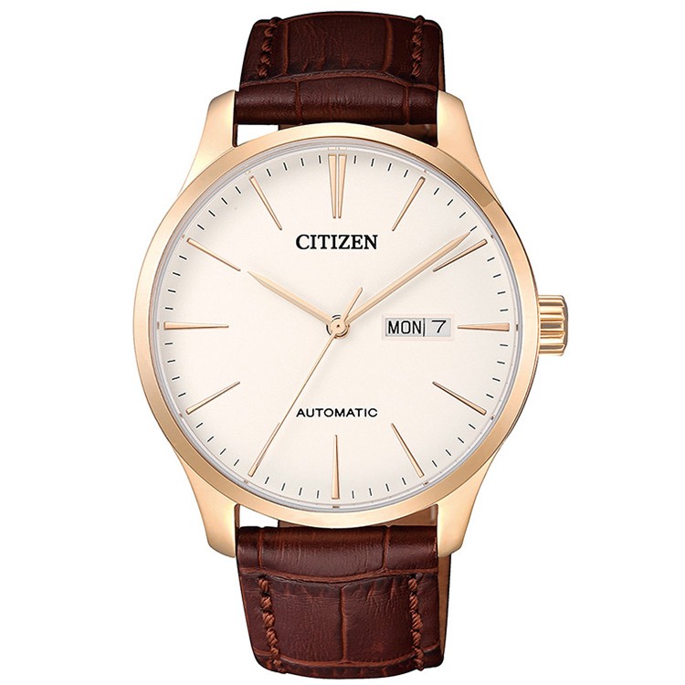CITIZEN Men's Automatic Leather Strap Day-Date Watch รุ่น NH8353-18A - PinkGold/Cream สายหนังBrown