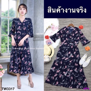 Dress แม๊กซี่เดรสตัวยาว แขนระบาย คอวีไขว้ สุดเก๋ เนื้อผ้าพิมพ์ดอก