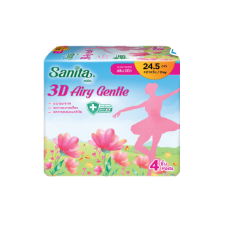 Sanita 3D Airy Gentle Antibacteria / แซนนิต้า 3D แอรี่ เจนเทิล แอนตี้แบคทีเรีย สลิม มีปีก 24.5ซม. 4ชิ้น/ห่อ