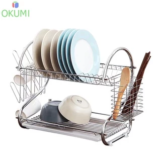OKUMI_SHOP ที่คว่ำจานสแตนเลส รูปตัวS ขนาด2ชั้น ที่วางจาน มีถาดรองน้ำ