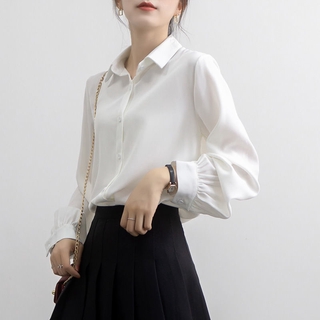 Women blouse long sleeve shirt loose shirt chiffon white black blouse tops