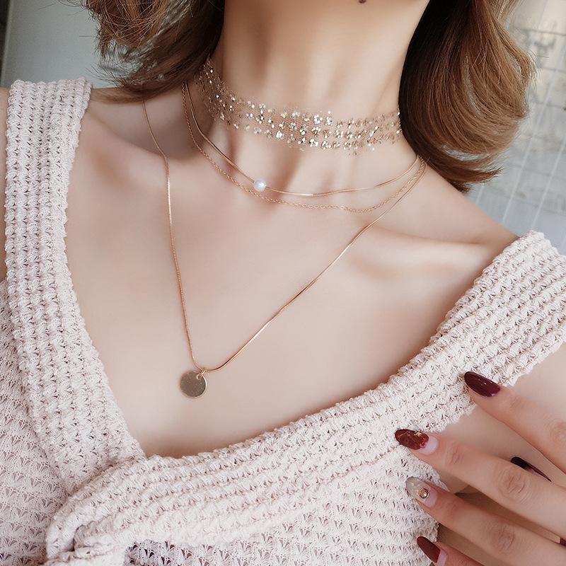 Lace Sequin Choker Multilayered Pearl Discs Pendant Necklace