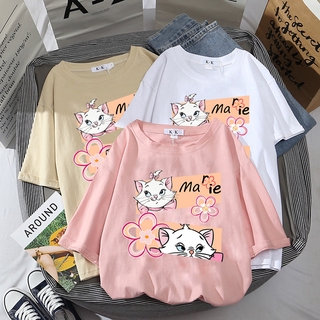 Disney Mickey Marie Cat เสื้อยืดผู้หญิงสาวตลกการ์ตูนน่ารักเสื้อยืดพิมพ์ลำลองแขนสั้นผู้หญิง T เสื้อ Harajuku Tops