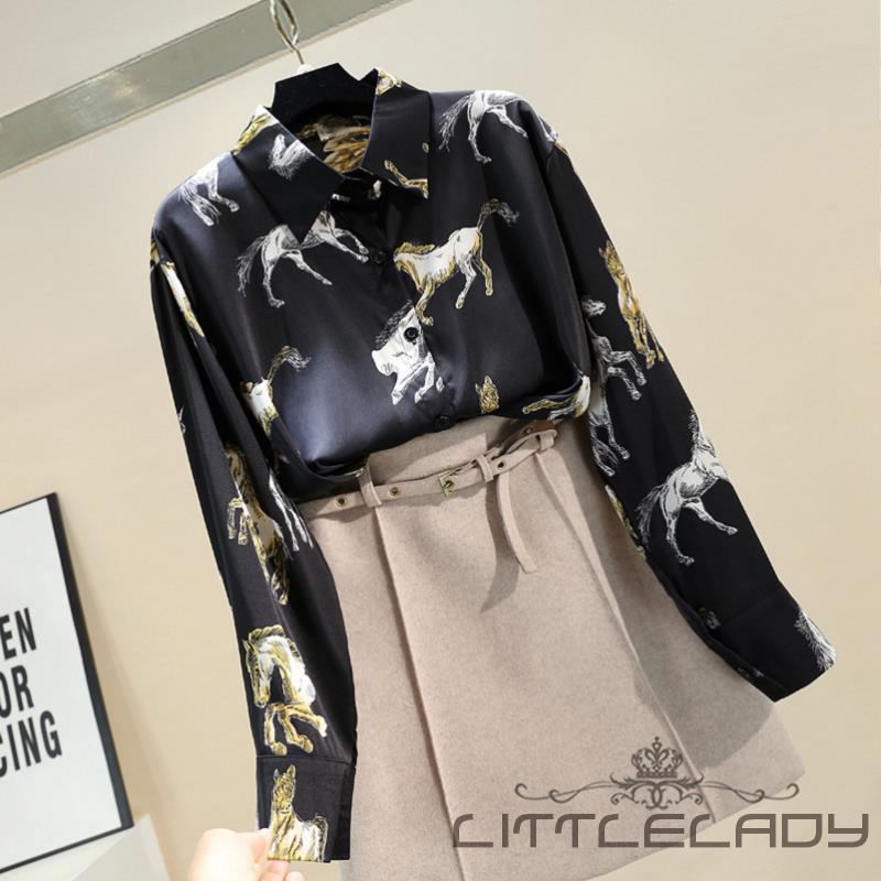 Women's Riding Style Horse Bibs Print Long Sleeve Casual Lapel Shirt main image 0