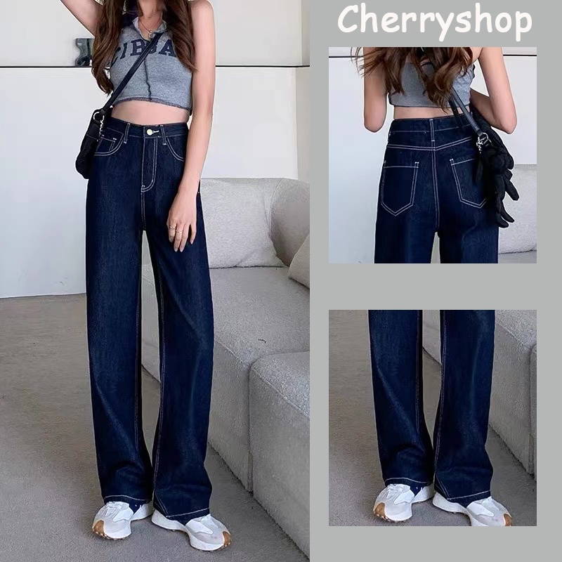 cherryshop พร้อมส่ง กางเกงยีนส์ กางเกงยีนส์ขากว้างสีน้ำเงินเข้มรุ่นใหม่เอวสูงใส่แล้วดูผอมหลวมกางเกงถูพื้น