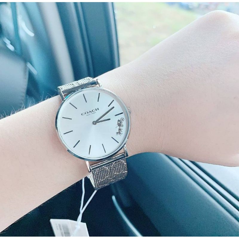 🎀 (สด-ผ่อน) นาฬิกาสีเงินรูปรถม้า สายแพ 14503341 Coach Perry Silver Mesh Ladies Watch - ขนาดปัด36mm