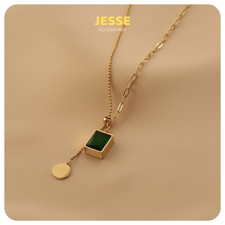 Green Square pendant necklace สร้อยคอโซ่ไทเทเนียม สี่เหลี่ยมสีเขียว สร้อยคอเท่ๆ สำหรับผู้หญิง