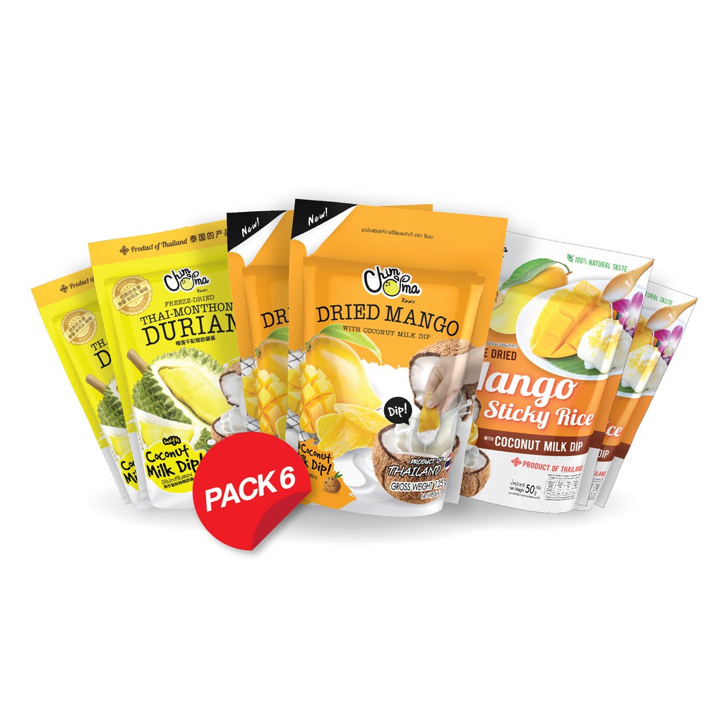 รวมผลไม้อบกรอบ อบแห้ง พร้อมดิปกะทิ (6 ซอง/แพ็ค) / Freeze Dried Durian, Dried Mango, Freeze Dried Man
