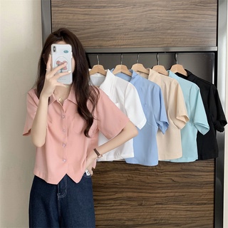 Suxi เสื้อเชิ้ตแขนสั้นลําลอง คอปก ทรงหลวม สีพื้น แบบเรียบง่าย สไตล์เกาหลี แฟชั่นฤดูร้อน สําหรับผู้หญิง