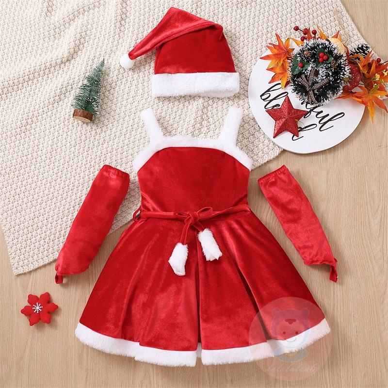 Laa6-toddler Girls Christmas Santa Costume, ชุดเข็มขัดแขนกุด + ถุงมือ + ชุดหมวก