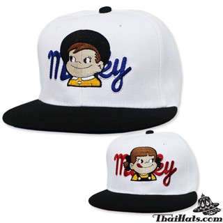 สินค้าลดราคา หมวก HipHop ปักแดง/ปักน้ำเงิน "Milky" #สีขาวปีกดำ ปักรูปเด็กผู้หญิงเด็กผู้ชาย F5Ah47-0145