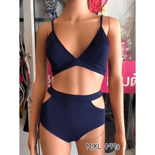 👙M,L,XL บิกินี่ ชุดว่ายน้ำ ทูพีช บราสายเดี่ยวคอวี มาพร้อมบิกินี่เอวสูงดีไซน์สวย สีเขียวขี้ม้า บรามีฟองน้ำ