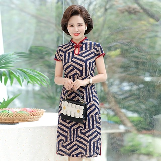 ชุดเดรส   ;ชุดกระโปรง☞¤แม่ฤดูร้อนชุดแขนสั้น cheongsam ชุดใหม่วัยกลางคนและผู้สูงอายุผู้หญิงขนาดใหญ่กลางความยาว self-culti