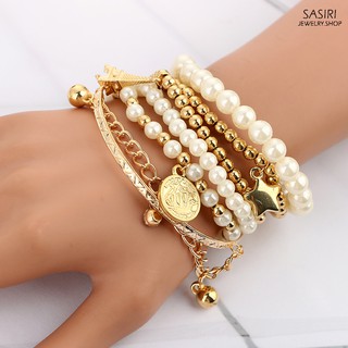 ✨ สินค้าพร้อมส่ง !! กำไลข้อมือไข่มุก Fashion Gold Color Beads Pearl Star Multilayer Beaded Bracelets Set ✨