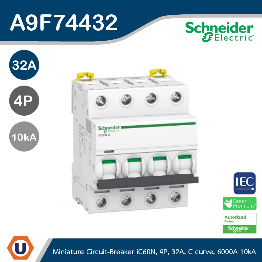 Schneider A9F74432 Miniature Circuit-Breaker, Acti9 iC60N, 4P, 32 A, C Curve, 6000 A (IEC 60898-1), 10 kA (IEC 60947-2)