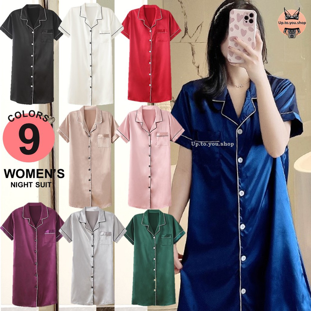2105 Night suit ชุดนอนเดรสกระโปรงกระดุม ผ้าซาติน สีพื้น ชุดนอนกระโปรงผ้าซาติน ส่งไวจากไทย