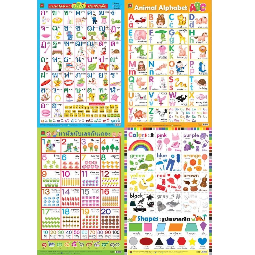 Aksara for kids ชุดโปสเตอร์ อาบเงา เซท 2 ก.ไก่ ABC ตัวเลข สี (4 แผ่น)