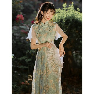 Cantoneye &amp; Green Cheongsam เดรสยาว Chinese Dress Qipao Cheongsam แต่งตัว ชุดวินเทจ