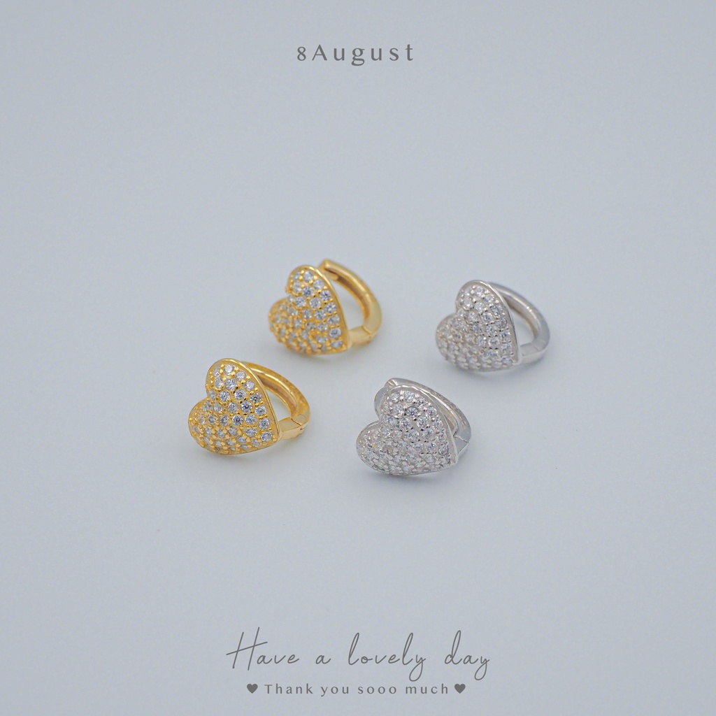 8August ต่างหูเงินแท้ ต่างหูห่วง รูปหัวใจ ประดับเพชร เรียบ หรู Heart Hoop Earrings S925 7mm (A35)