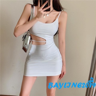 Bay-ชุดมินิเดรสสําหรับสตรีเซ็กซี่แขนกุดมีสายคล้องสีพื้น Bodycon