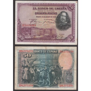 ธนบัตรประเทศ สเปน Spain ปี 1928 ราคา 50 เปเซตา P-75-EF สภาพ 70% EF ผ่านการใช้เล็กน้อย แต่ยังสวยน่าสะสม