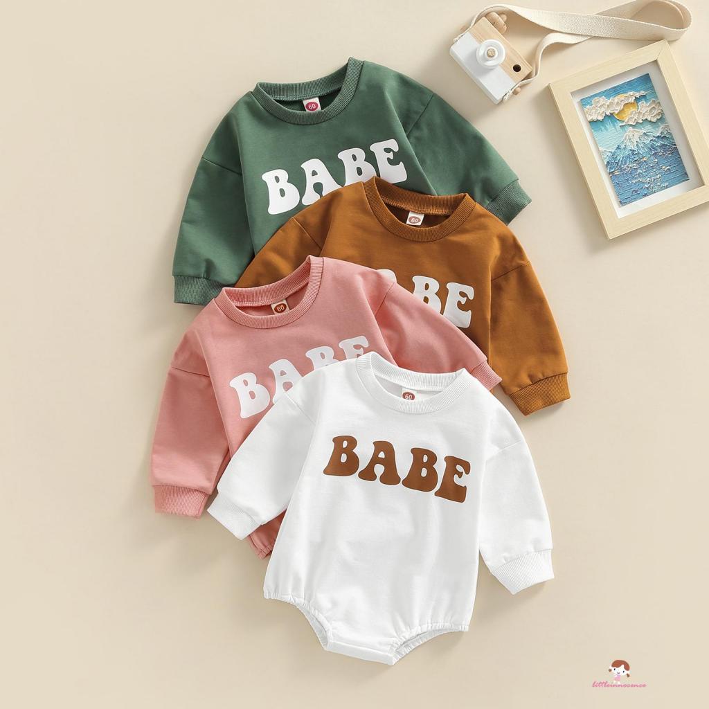 Innocence-baby Girls Boys Spring Romper Long Sleeve O Neck Letter "BABE" Print Casual Playsuit