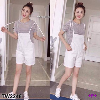 J2248 Set 2ชิ้น เสื้อยืดลายริ้ว+เอี๊ยมกางเกงขาสั้นสายผูก