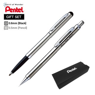 Pentel ปากกาโรลลิ่ง R460MG + ดินสอกด SS475 เพนเทล ด้ามสีเงิน