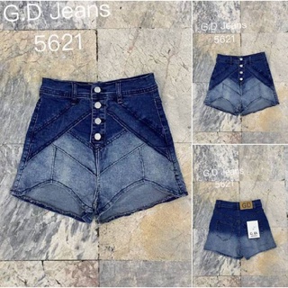 G.D.Jeans รุ่น 5621#กางเกงยีนส์ขาสั้นแฟชั่นเอวสูงฟอกสีโทนทูเปิดกระดุมหน้าสี่เม็ดเล่นดีเทลตะเข็บหน้าแบบเก๋ๆ