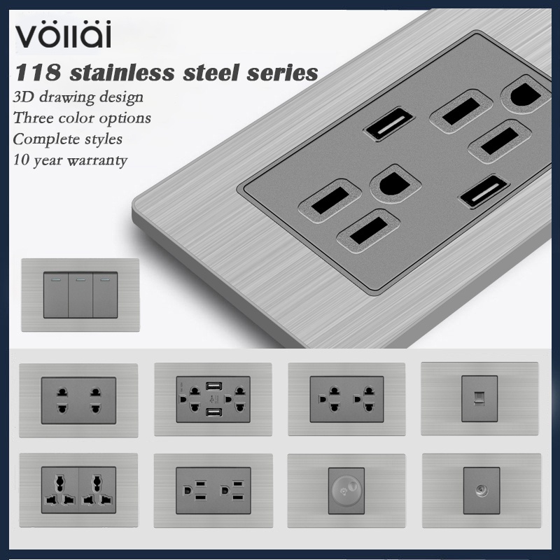 VOLLAI Black 13amp เต้ารับหลายตัวสำหรับผนัง 1/2/3/4 Gang 1/2 Way Modern Wall Light Switch for House สวิตช์ไฟฟ้าและเต้ารับ แผงสแตนเลส แผงบอร์ด ปลั๊ก 3 ขา เต้ารับพร้อมพอร์ต USB 220V สวิตช์ปิด/เปิดโคมไฟ Universal Power เต้ารับติดผนังพร้อมสวิตช์