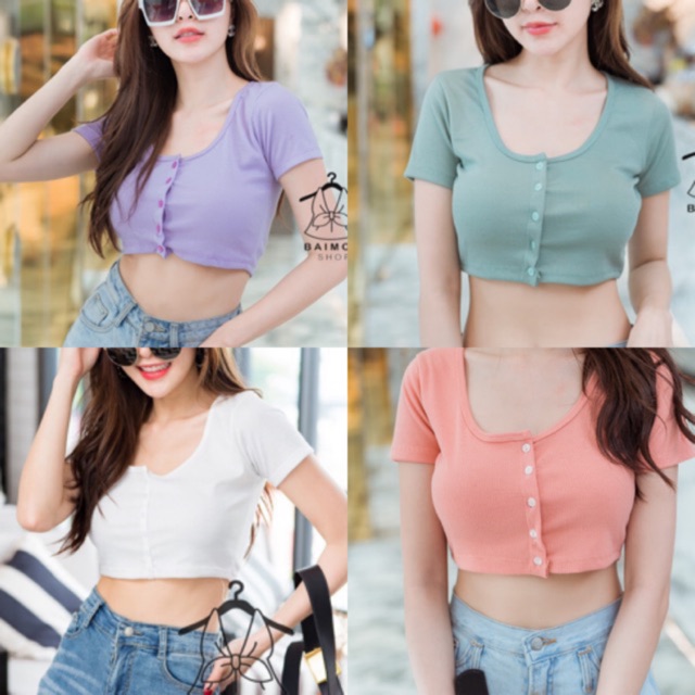 aimorn_shop เสื้อครอปแต่งกระดุม ครอปกระดุมน่ารัก ผ้าใส่สบายไม่ร้อนนะ ผ้าร่องเล็ก